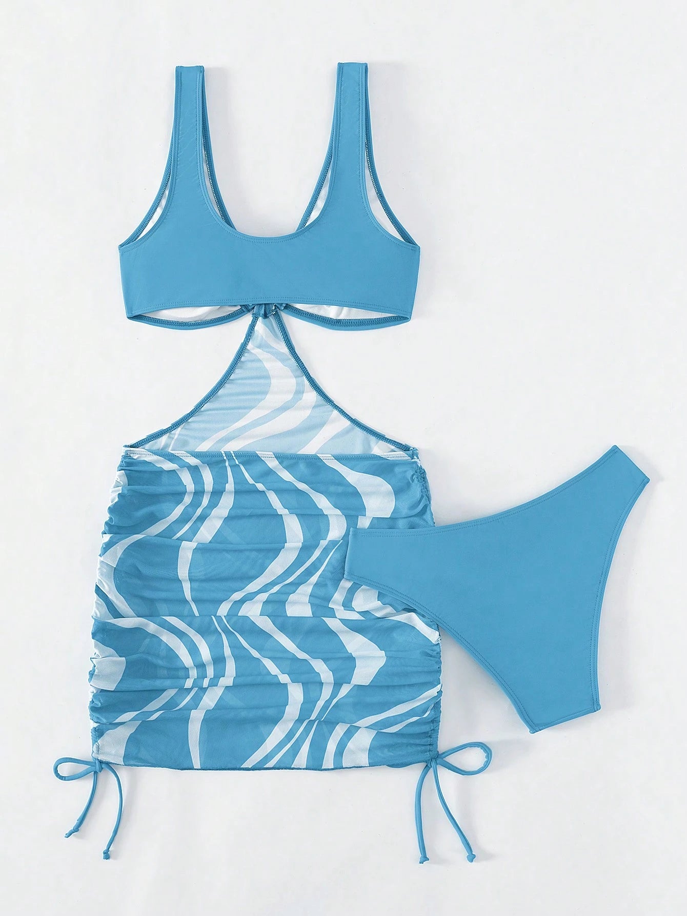 Swim Vcay Summer Beach Graphic Print Ring Linked Cut Out Drawstring Side Swim Dress