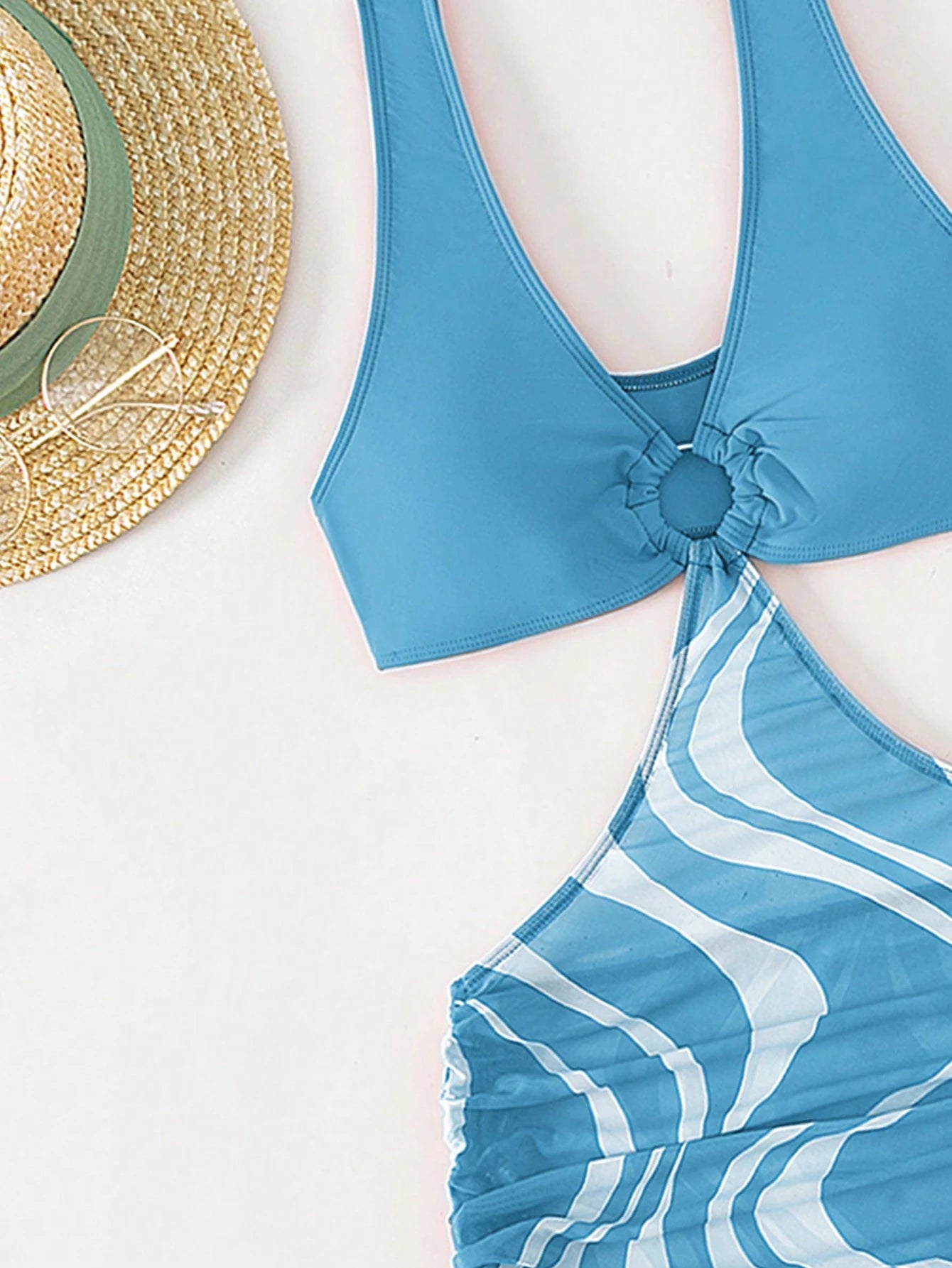 Swim Vcay Summer Beach Graphic Print Ring Linked Cut Out Drawstring Side Swim Dress