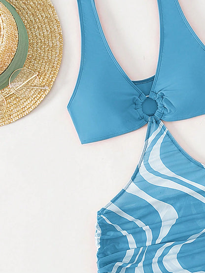 Swim Vcay Summer Beach Graphic Print Ring Linked Cut Out Drawstring Side Swim Dress