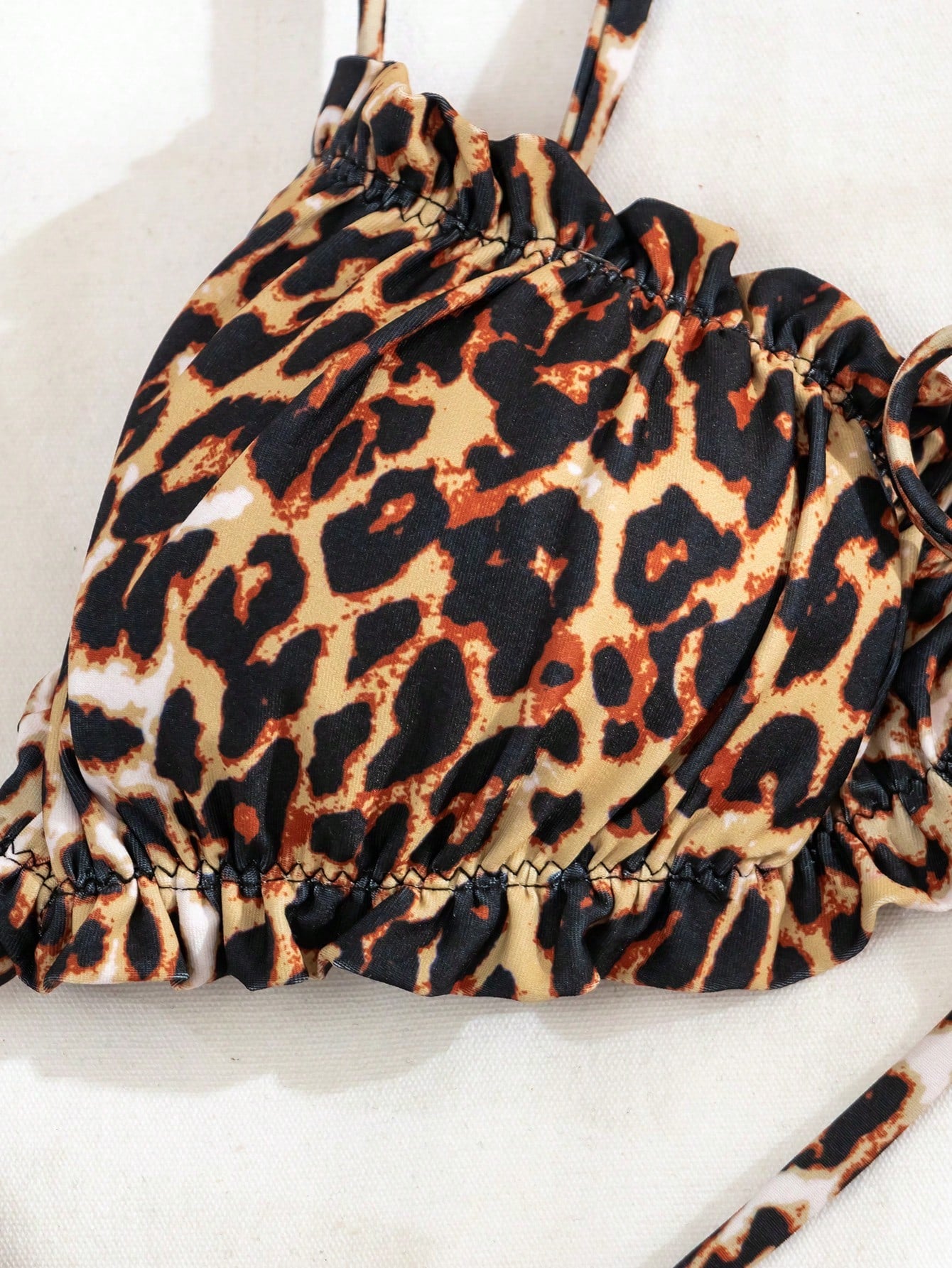 Swim Vcay Summer Beach Leopard Print Bikini Set Frill Trim Triangle Bra & Tie Side Bottom 2 Pieces Bikini