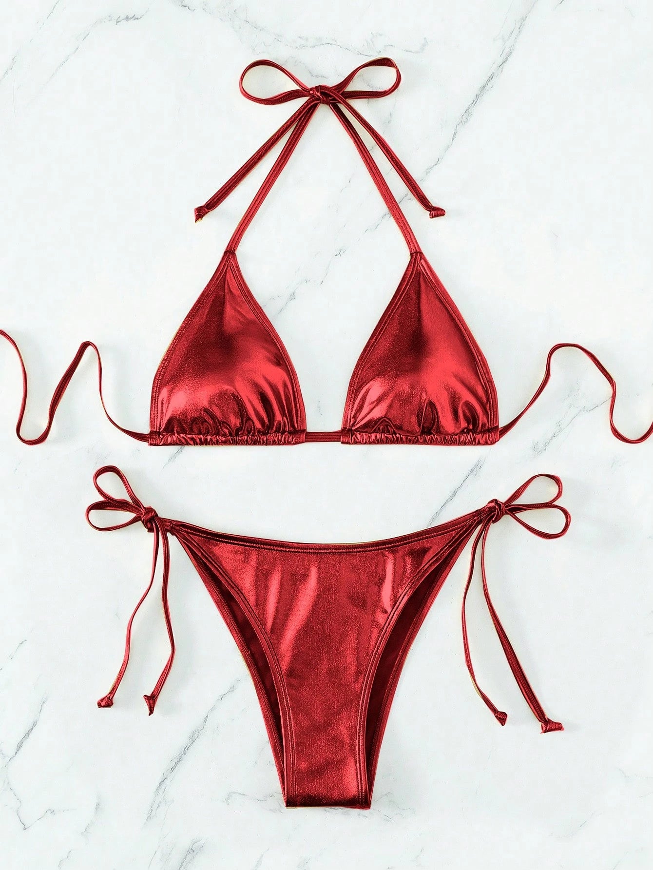 Swim Vcay Summer Beach Metallic Halter Triangle Tie Side Bikini Set