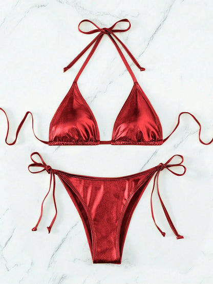 Swim Vcay Summer Beach Metallic Halter Triangle Tie Side Bikini Set