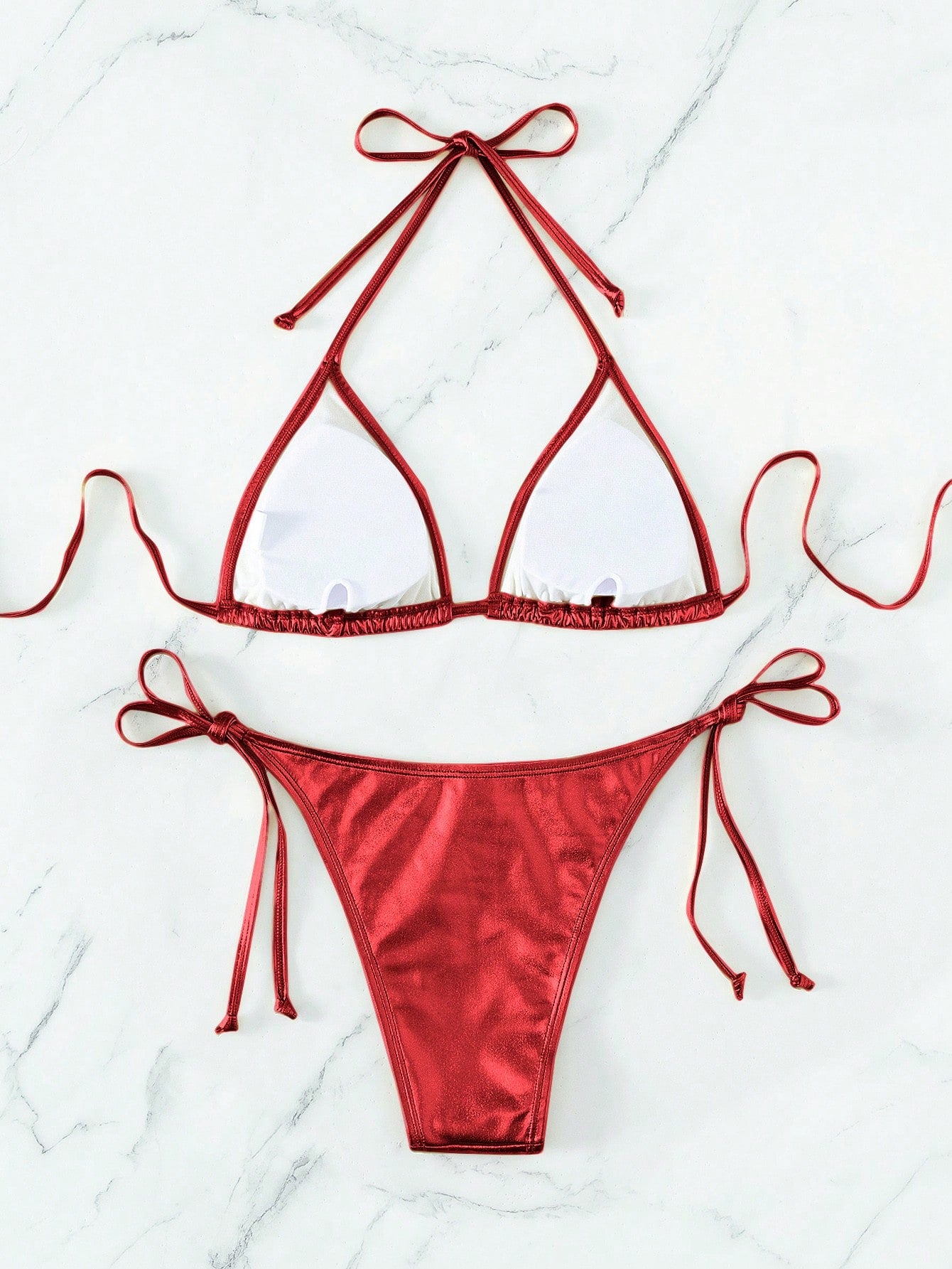 Swim Vcay Summer Beach Metallic Halter Triangle Tie Side Bikini Set