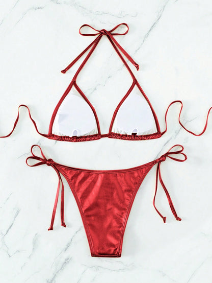 Swim Vcay Summer Beach Metallic Halter Triangle Tie Side Bikini Set