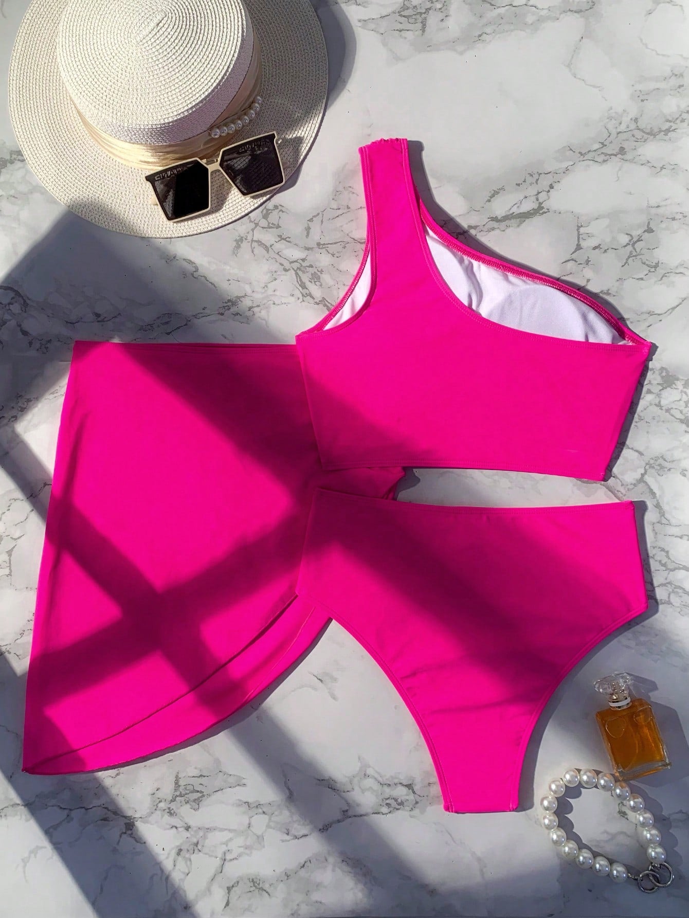 Swim Vcay Summer Beach Plain One Shoulder Bikini Set With Beach Skirt