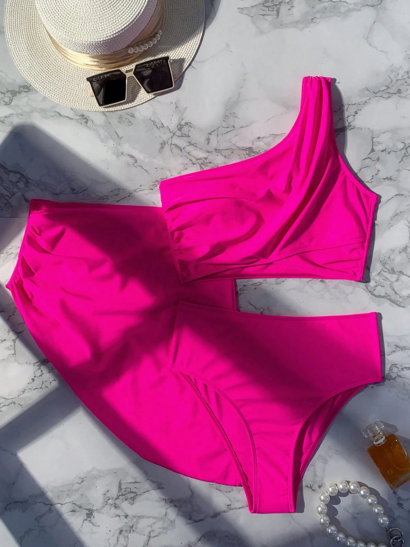 Swim Vcay Summer Beach Plain One Shoulder Bikini Set With Beach Skirt