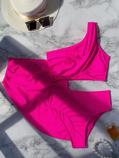 Swim Vcay Summer Beach Plain One Shoulder Bikini Set With Beach Skirt