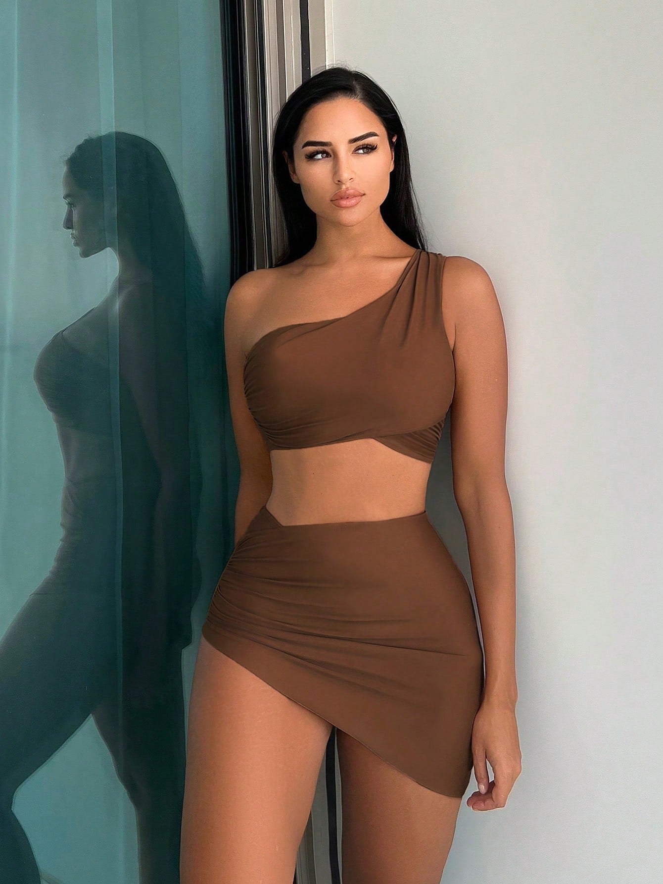 Swim Vcay Summer Beach Plain One Shoulder Bikini Set With Beach Skirt