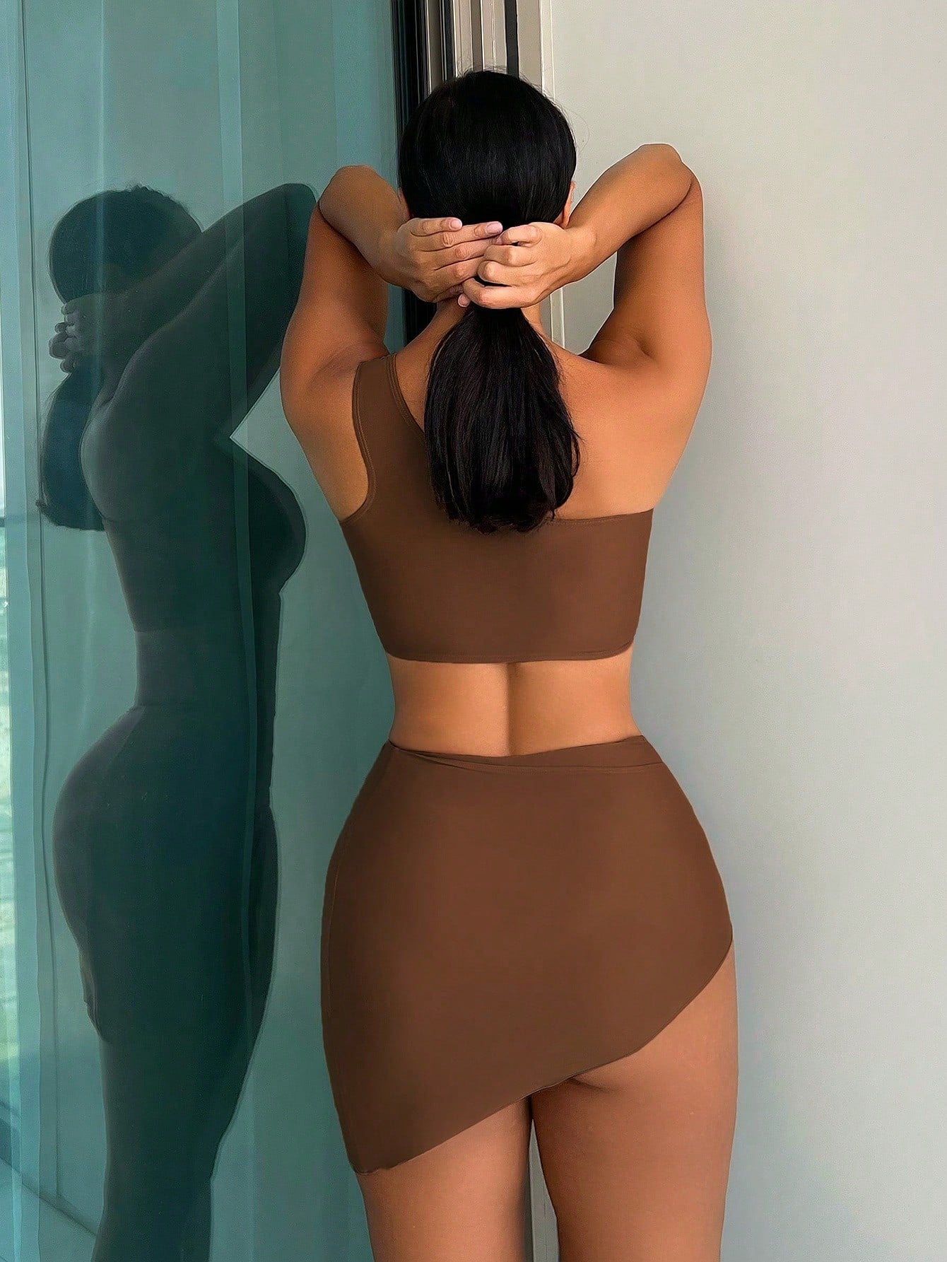 Swim Vcay Summer Beach Plain One Shoulder Bikini Set With Beach Skirt