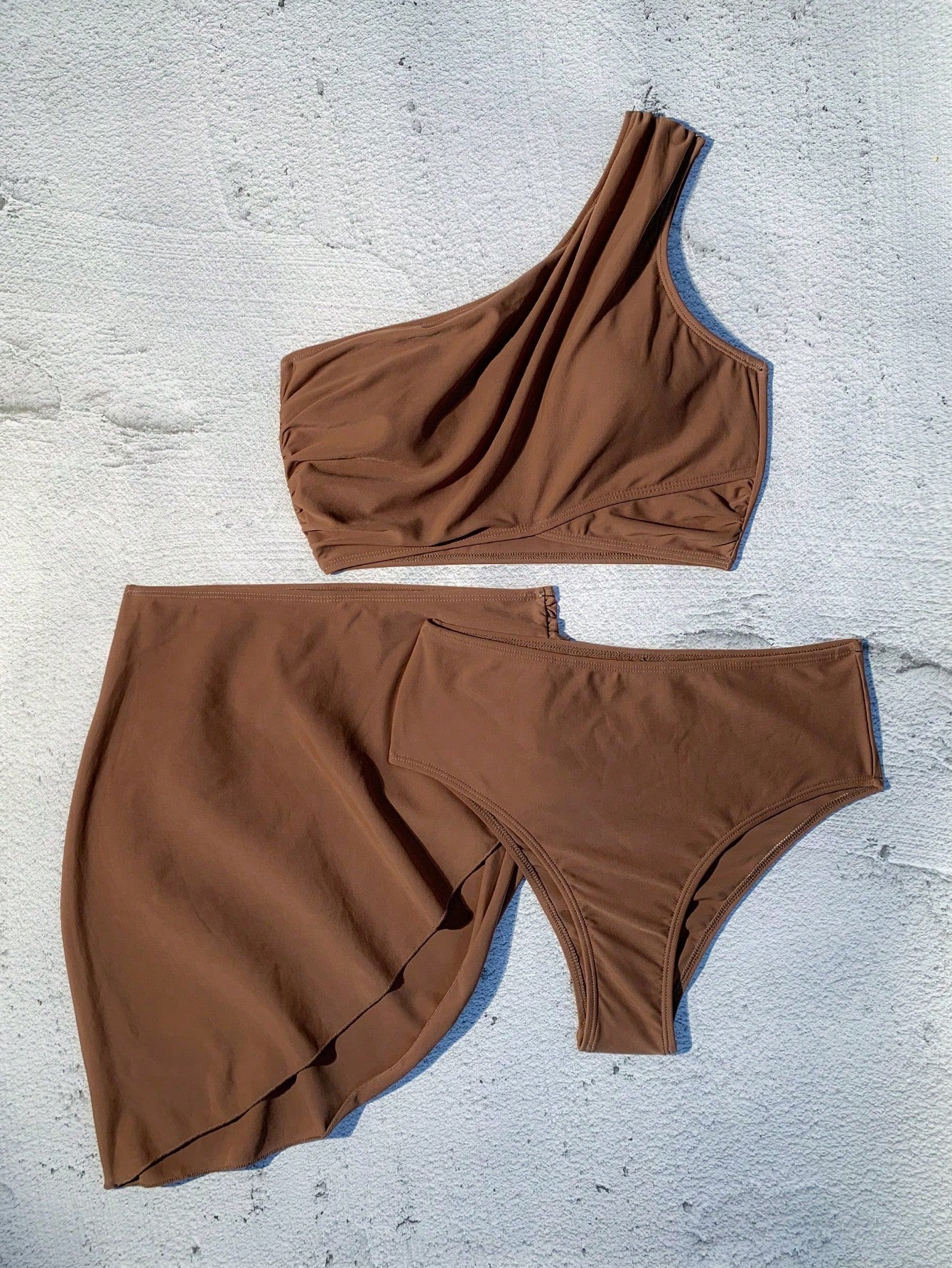 Swim Vcay Summer Beach Plain One Shoulder Bikini Set With Beach Skirt