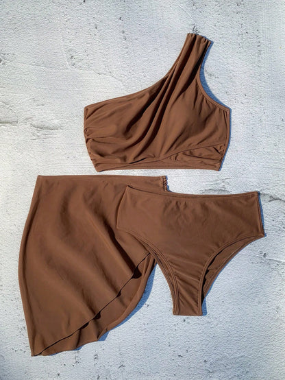 Swim Vcay Summer Beach Plain One Shoulder Bikini Set With Beach Skirt