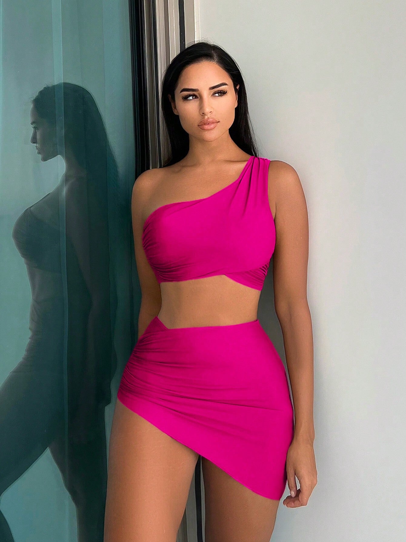 Swim Vcay Summer Beach Plain One Shoulder Bikini Set With Beach Skirt
