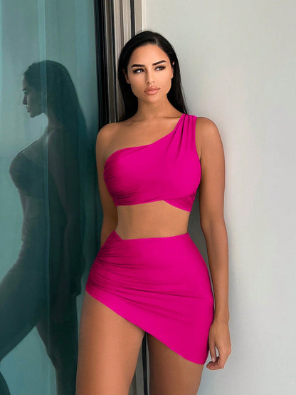 Swim Vcay Summer Beach Plain One Shoulder Bikini Set With Beach Skirt