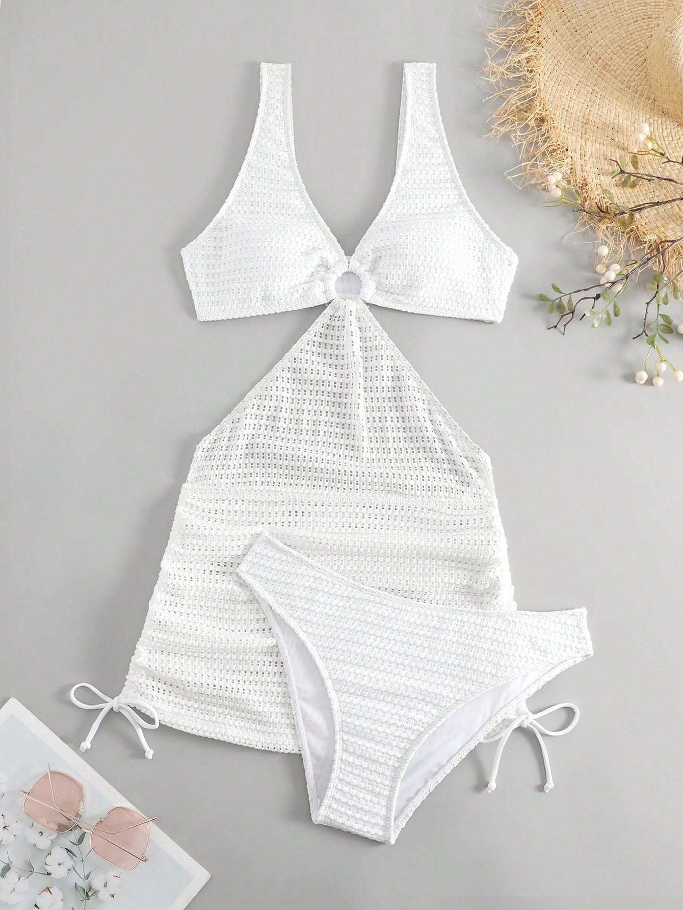 Swim Vcay Summer Beach Ring Linked Cut Out Drawstring Side Bikini Set With Beach Skirt