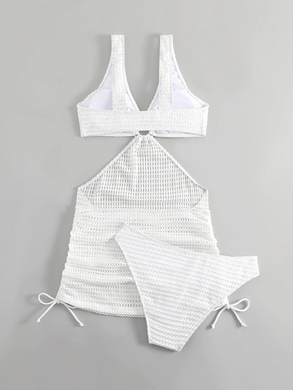 Swim Vcay Summer Beach Ring Linked Cut Out Drawstring Side Bikini Set With Beach Skirt