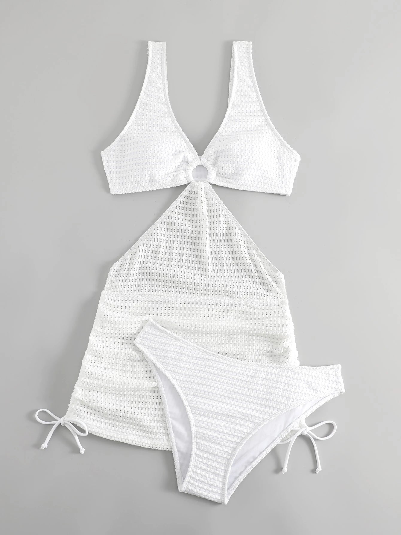 Swim Vcay Summer Beach Ring Linked Cut Out Drawstring Side Bikini Set With Beach Skirt