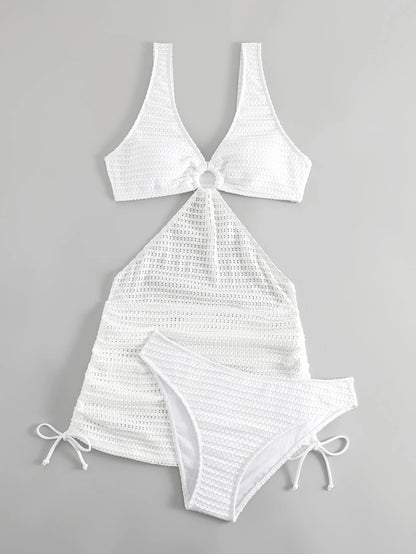 Swim Vcay Summer Beach Ring Linked Cut Out Drawstring Side Bikini Set With Beach Skirt