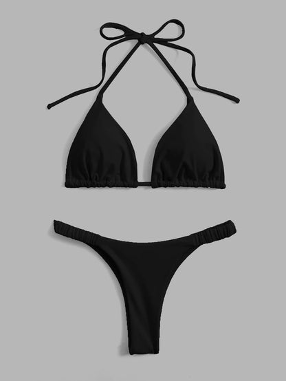 Swim Vcay Summer Beach Solid Bikini Set Halter Triangle Bra & Thong 2 Piece Bathing Suit