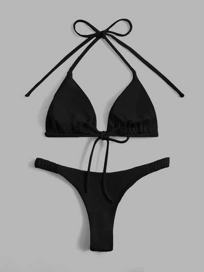 Swim Vcay Summer Beach Solid Bikini Set Halter Triangle Bra & Thong 2 Piece Bathing Suit