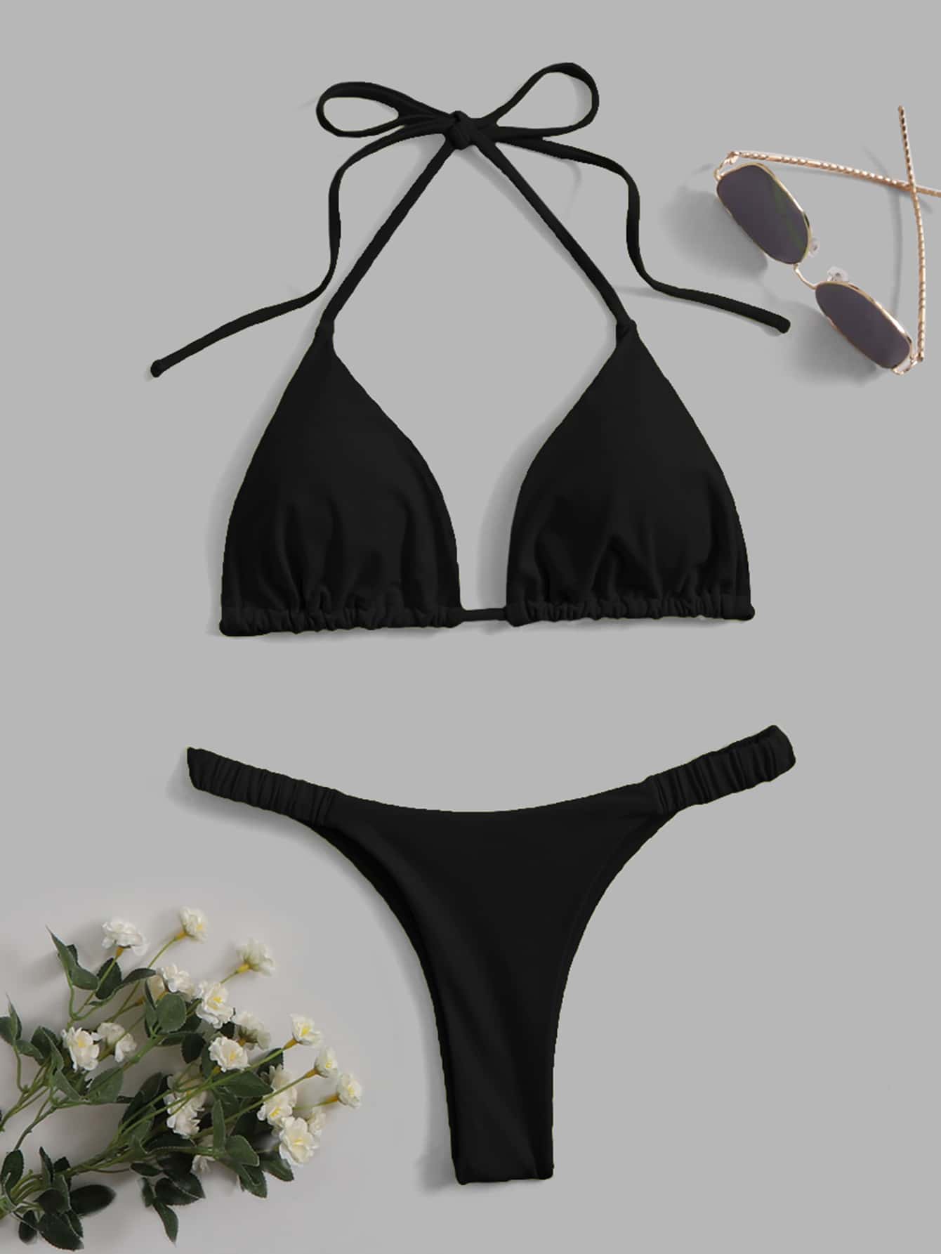 Swim Vcay Summer Beach Solid Bikini Set Halter Triangle Bra & Thong 2 Piece Bathing Suit