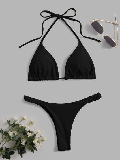 Swim Vcay Summer Beach Solid Bikini Set Halter Triangle Bra & Thong 2 Piece Bathing Suit