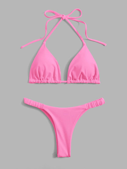 Swim Vcay Summer Beach Solid Bikini Set Halter Triangle Bra & Thong 2 Piece Bathing Suit