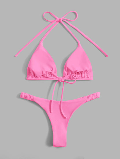 Swim Vcay Summer Beach Solid Bikini Set Halter Triangle Bra & Thong 2 Piece Bathing Suit