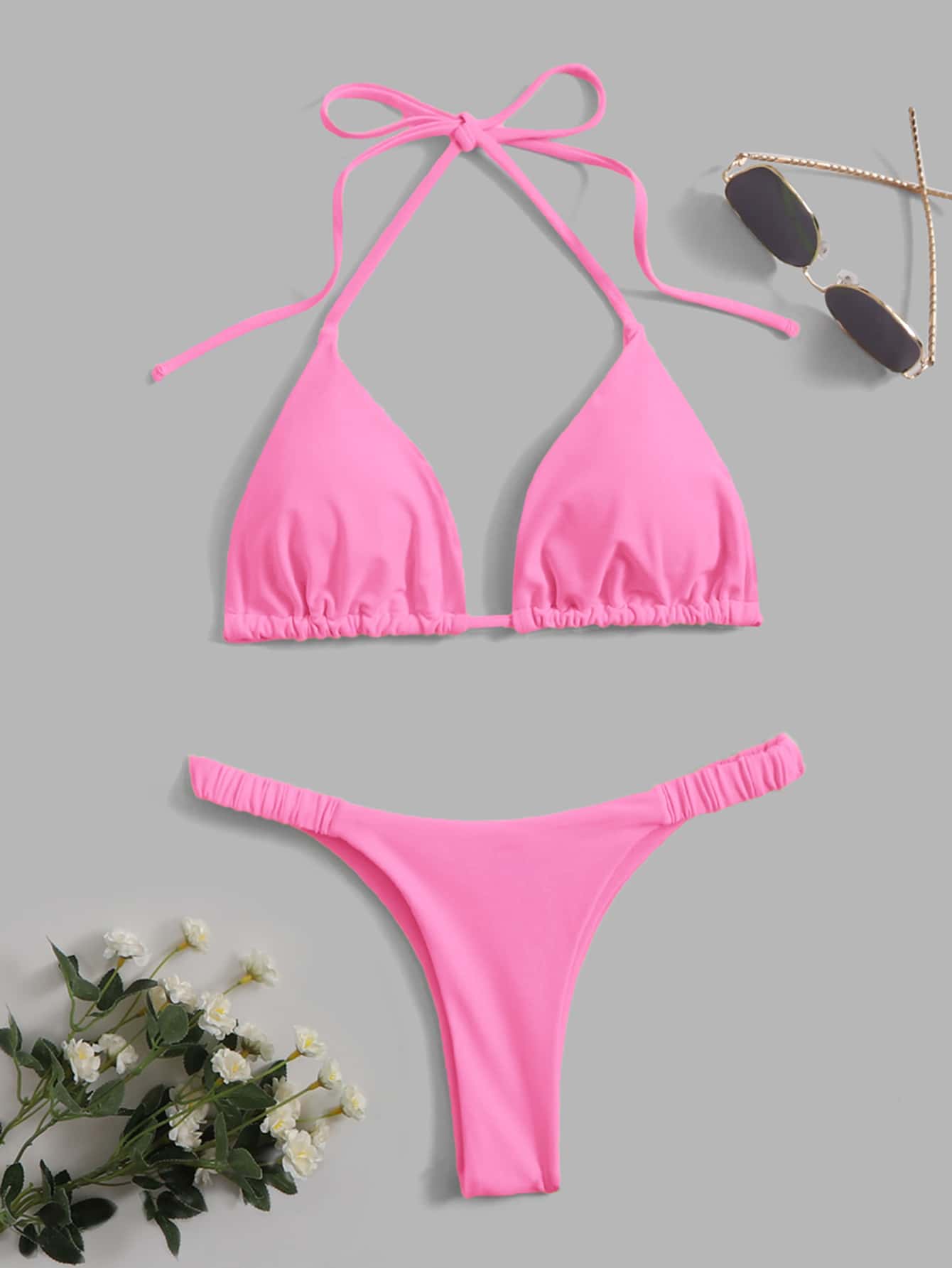 Swim Vcay Summer Beach Solid Bikini Set Halter Triangle Bra & Thong 2 Piece Bathing Suit