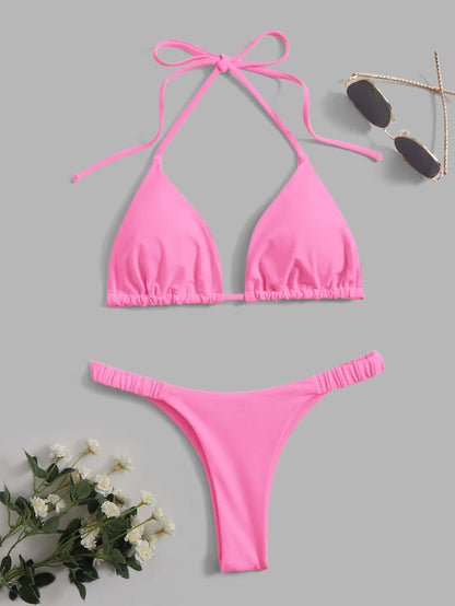 Swim Vcay Summer Beach Solid Bikini Set Halter Triangle Bra & Thong 2 Piece Bathing Suit