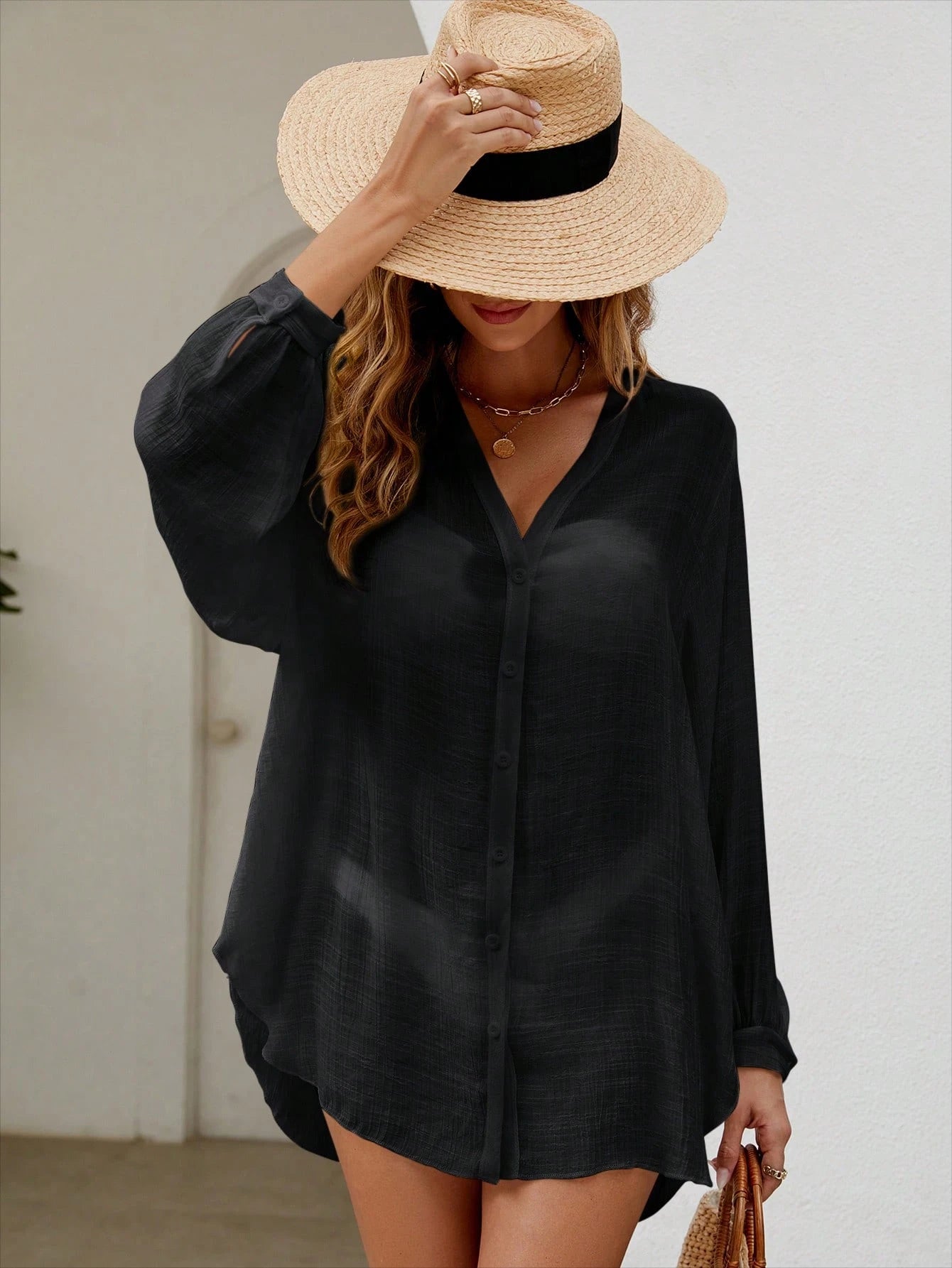 Swim Vcay Summer Beach Solid Button Front Kimono