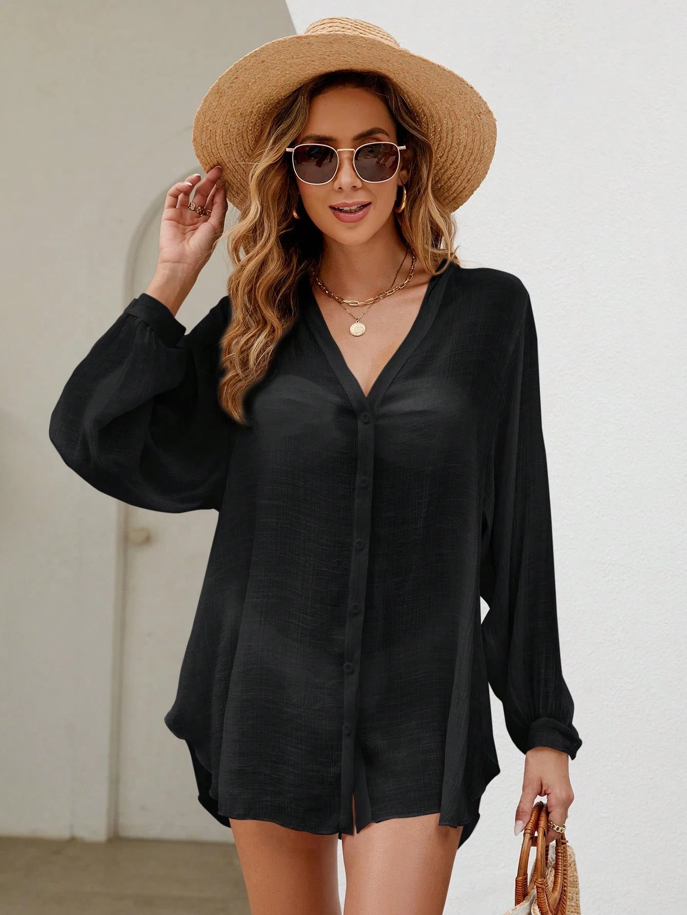 Swim Vcay Summer Beach Solid Button Front Kimono