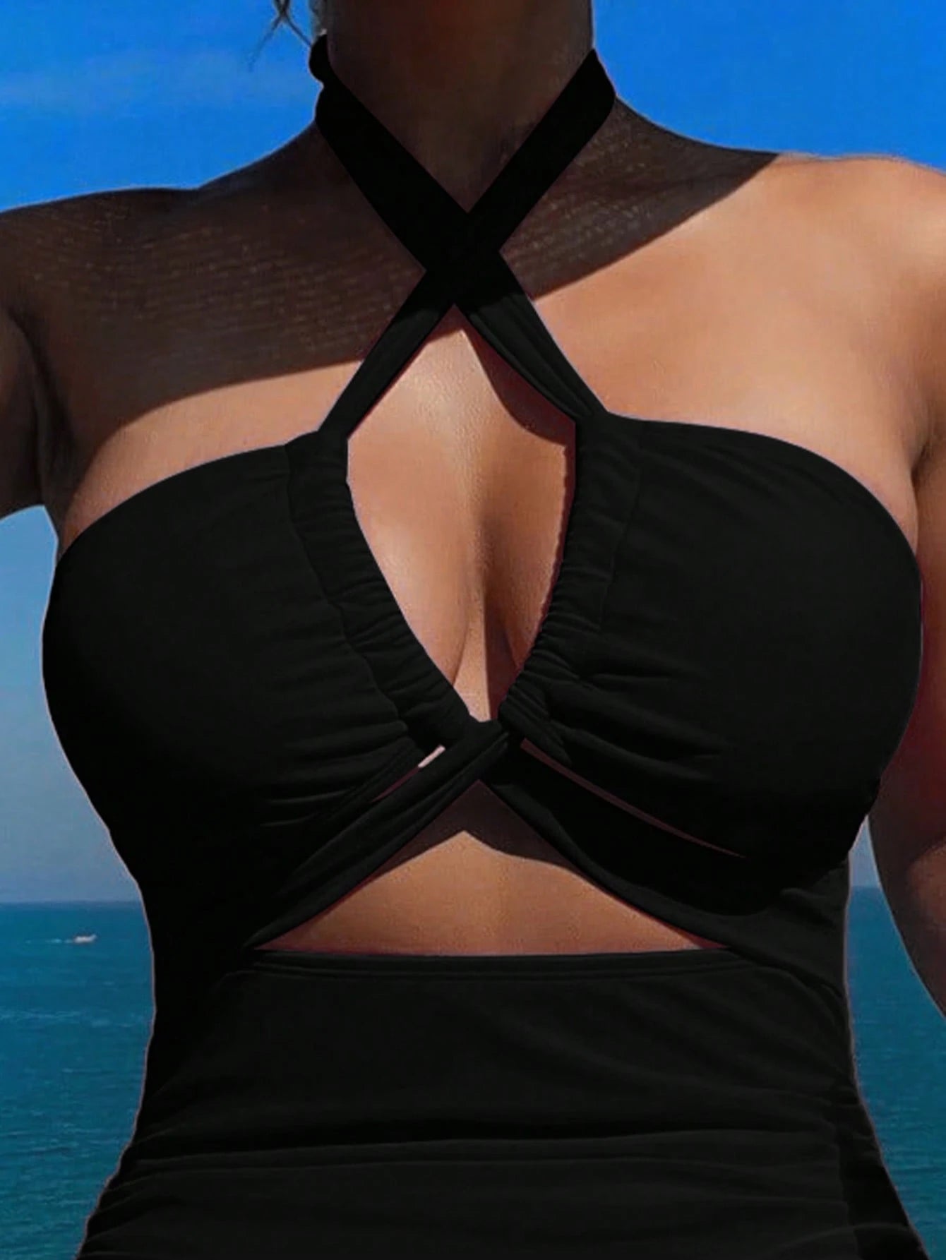 Swim Vcay Summer Beach Solid Color Halter Neck Knotted Cutout Swimsuit