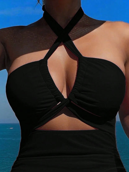 Swim Vcay Summer Beach Solid Color Halter Neck Knotted Cutout Swimsuit