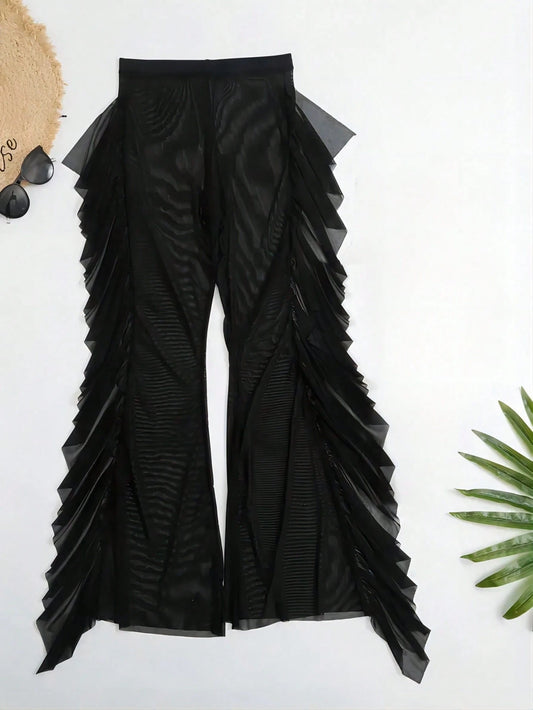 Swim Vcay Summer Beach Solid Ruffle Trim Cover Up Pants Without Bikini Set