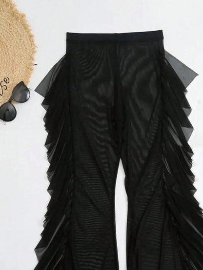 Swim Vcay Summer Beach Solid Ruffle Trim Cover Up Pants Without Bikini Set