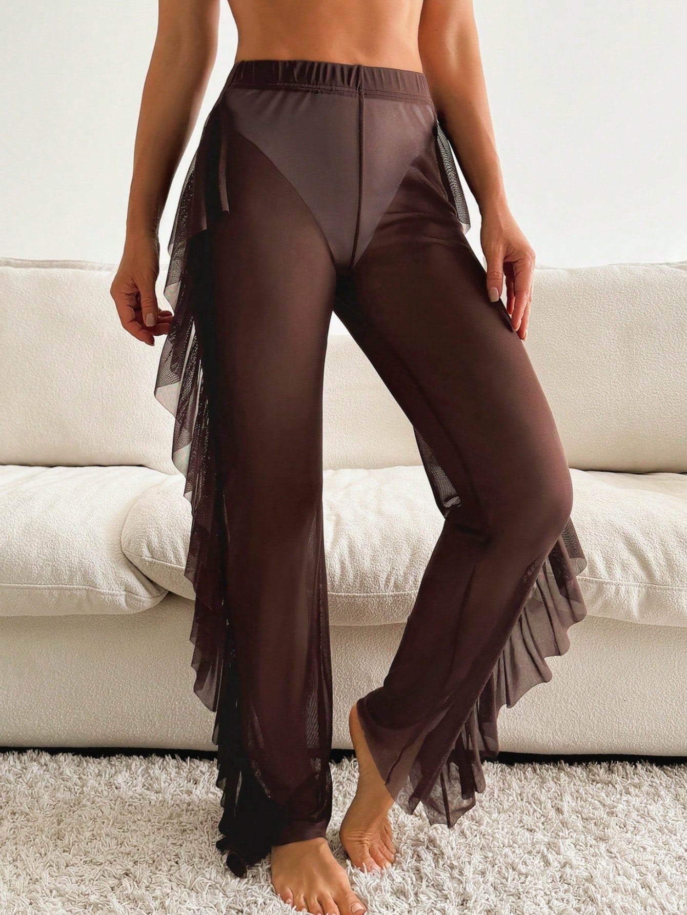 Swim Vcay Summer Beach Solid Ruffle Trim Cover Up Pants Without Bikini Set