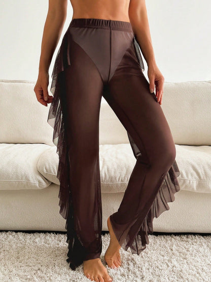 Swim Vcay Summer Beach Solid Ruffle Trim Cover Up Pants Without Bikini Set