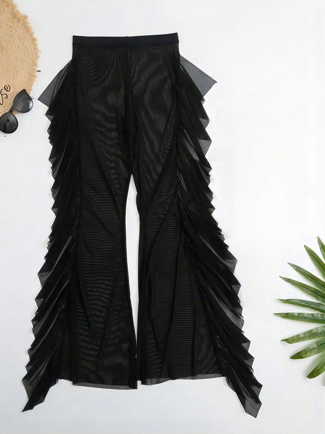Swim Vcay Summer Beach Solid Ruffle Trim Cover Up Pants Without Bikini Set