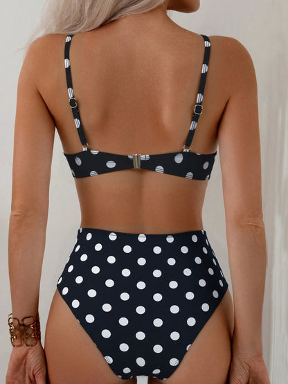 Swim Vcay Summer Beach Vacation Women's Black With White Polka Dot Print Trim Underwire Structured Top And High Waist Ruched Pants Set
