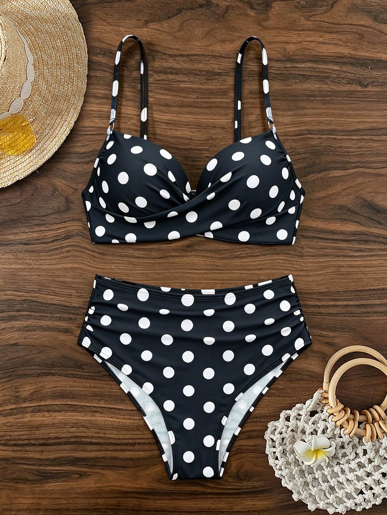 Swim Vcay Summer Beach Vacation Women's Black With White Polka Dot Print Trim Underwire Structured Top And High Waist Ruched Pants Set
