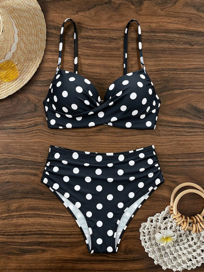 Swim Vcay Summer Beach Vacation Women's Black With White Polka Dot Print Trim Underwire Structured Top And High Waist Ruched Pants Set