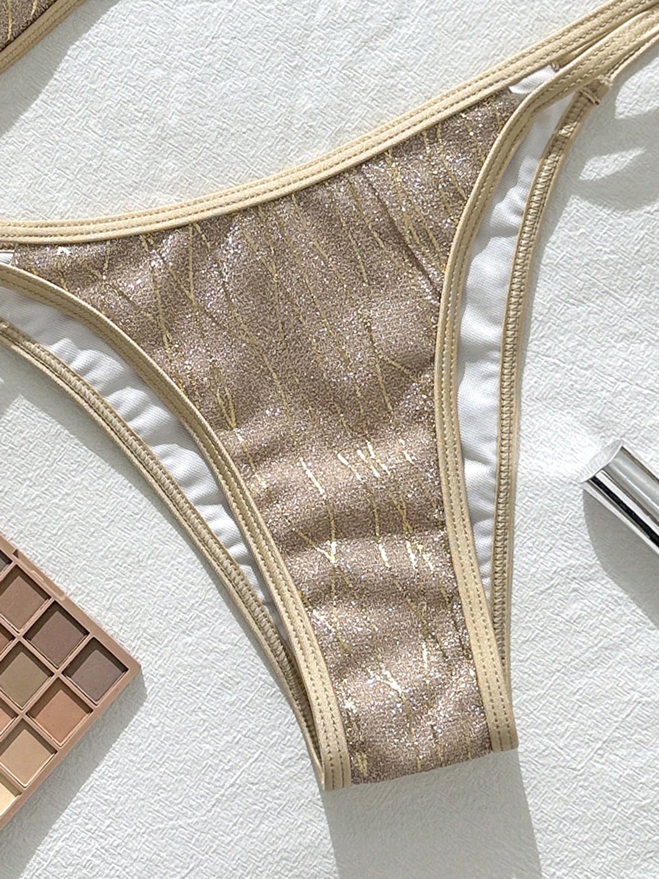 Swim Vcay Summer Beach Women's 2 Pieces Set Special Gold Thread Texture Fabric Mini Cup Double Shoulder Strap Top Bikini Double String Bottoms Sexy Seaside Vacation Swimsuit Set