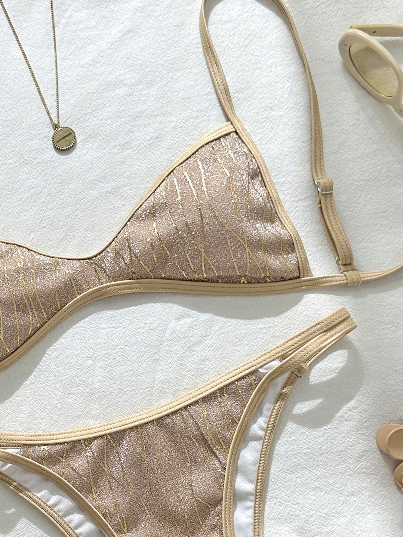 Swim Vcay Summer Beach Women's 2 Pieces Set Special Gold Thread Texture Fabric Mini Cup Double Shoulder Strap Top Bikini Double String Bottoms Sexy Seaside Vacation Swimsuit Set