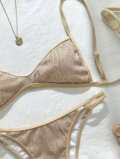 Swim Vcay Summer Beach Women's 2 Pieces Set Special Gold Thread Texture Fabric Mini Cup Double Shoulder Strap Top Bikini Double String Bottoms Sexy Seaside Vacation Swimsuit Set
