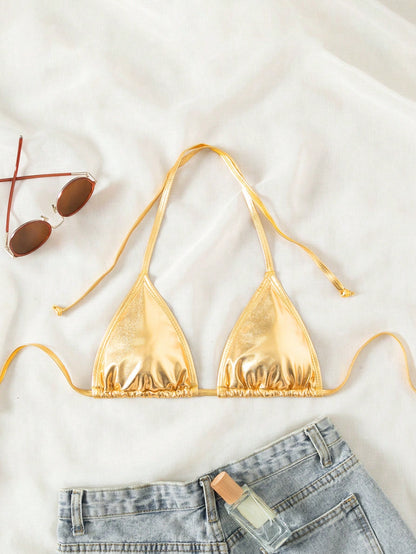 Swim Vcay Summer Beach Women's Metal Texture Solid Color Sexy Halter Neck Bikini Top