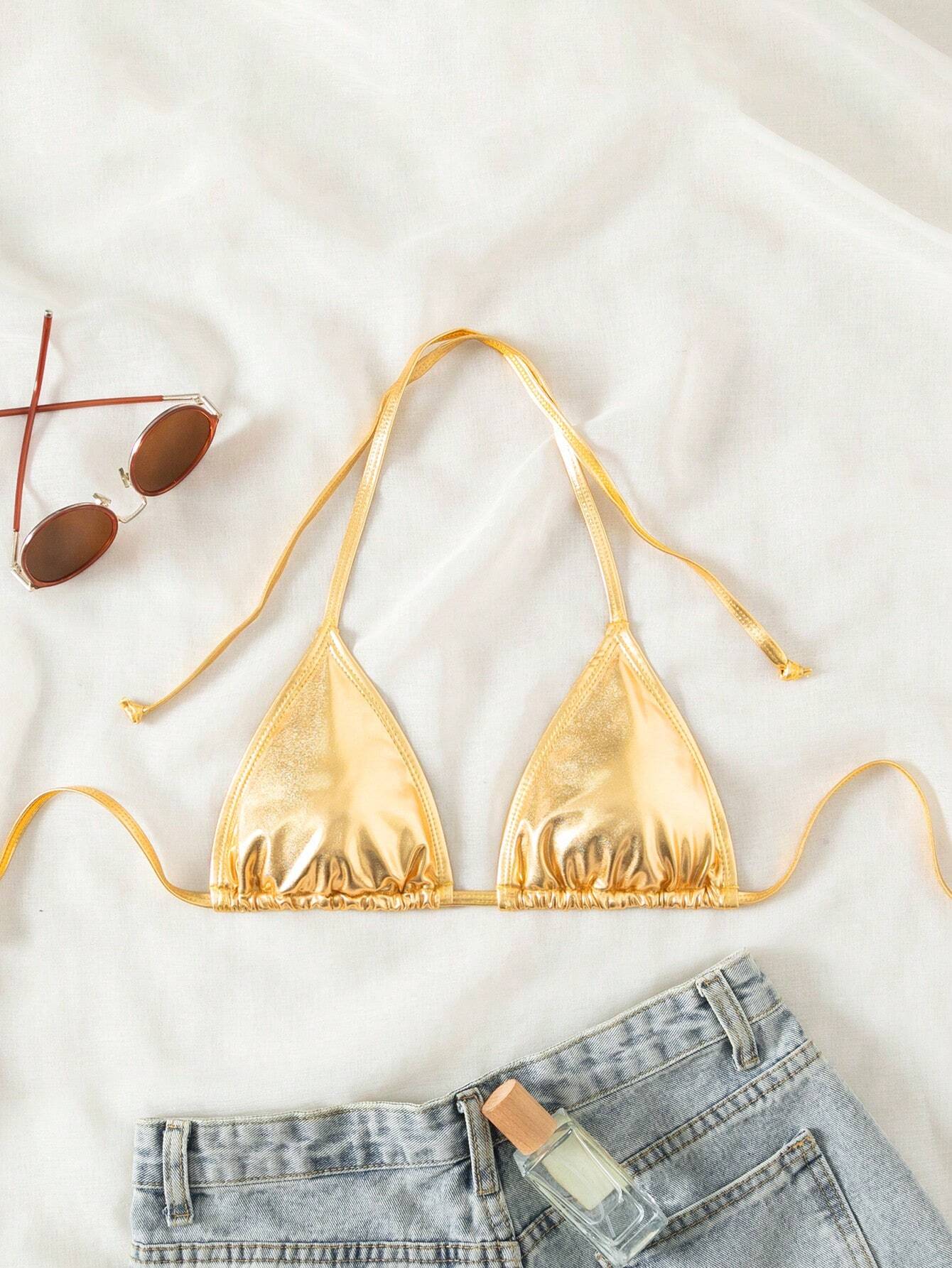 Swim Vcay Summer Beach Women's Metal Texture Solid Color Sexy Halter Neck Bikini Top