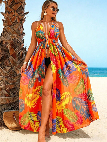 Swim Vcay Summer Beach Women's Tropical Plant Printed Wrap Around Waist Tie Halter Neck Cover Up Dress