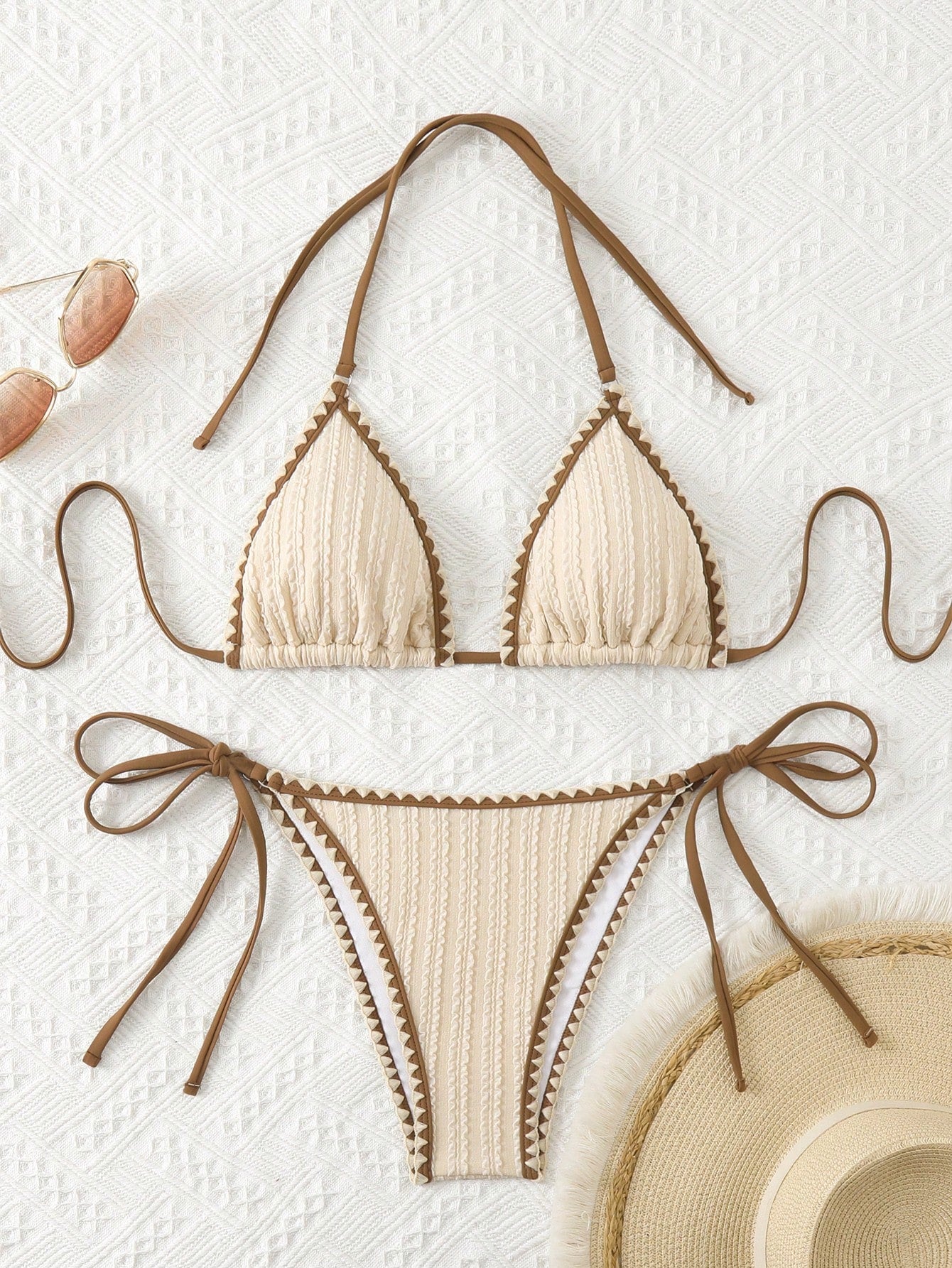 Swim Vcay Summer Outfits For Women Contrast Binding Texture Side-Tie Halter Bikini Set Summer