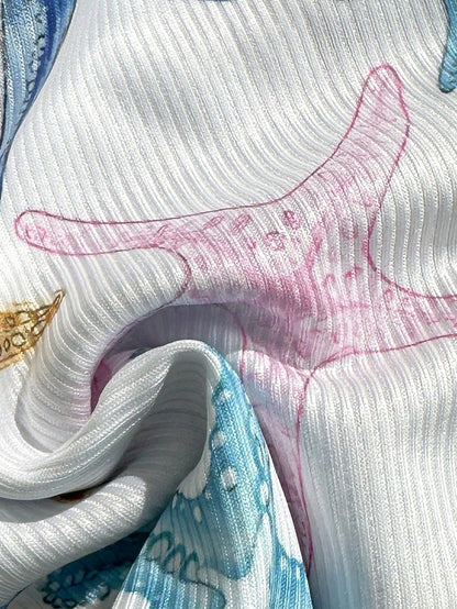 Swim Vcay Summer Vacation Random Print Ribbed Texture Fabric High Cut Bikini Bottom