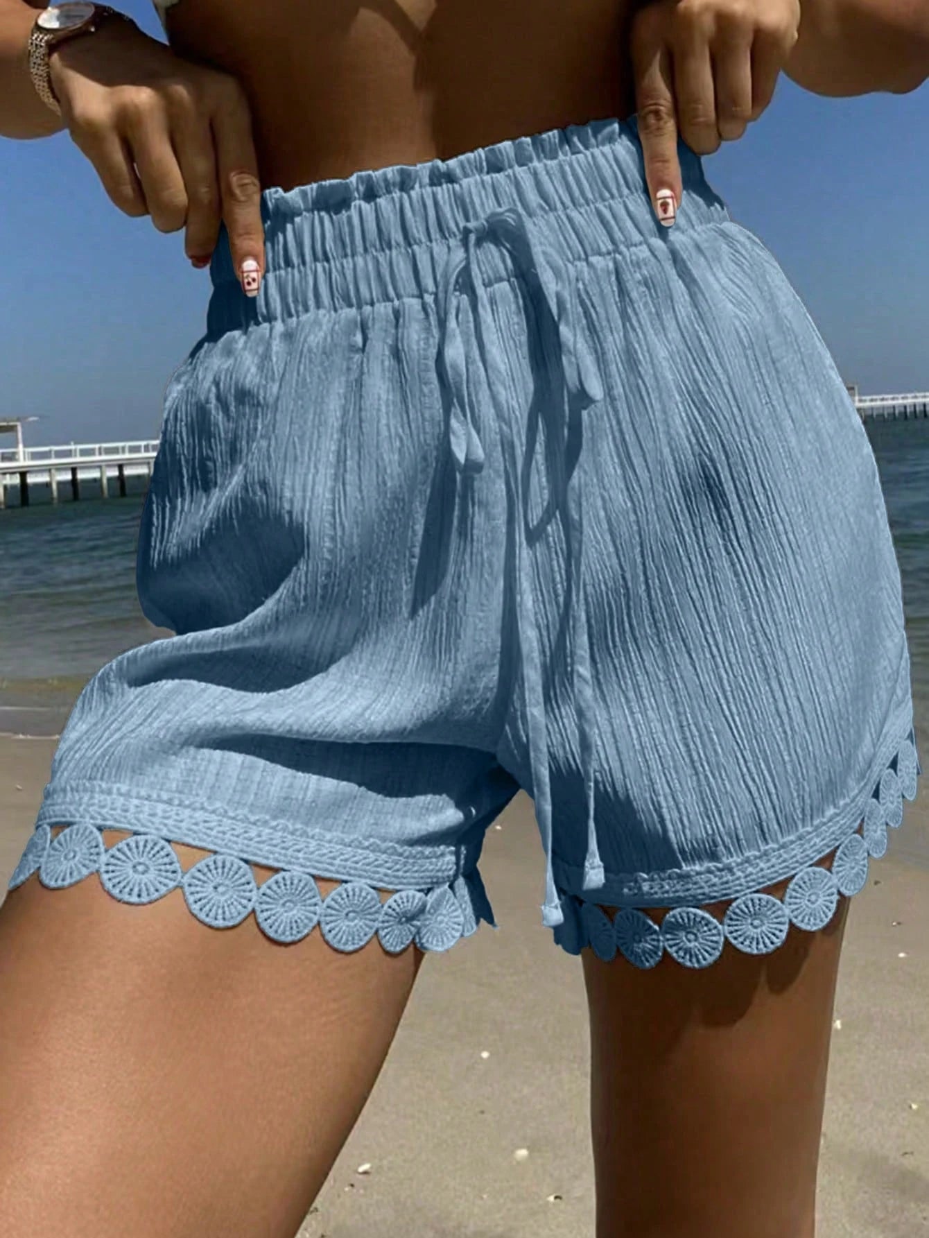 Swim Vcay Summer Women Beach Vacation: Lace Trim Tie Waist Cover Up, Swimsuit Shorts